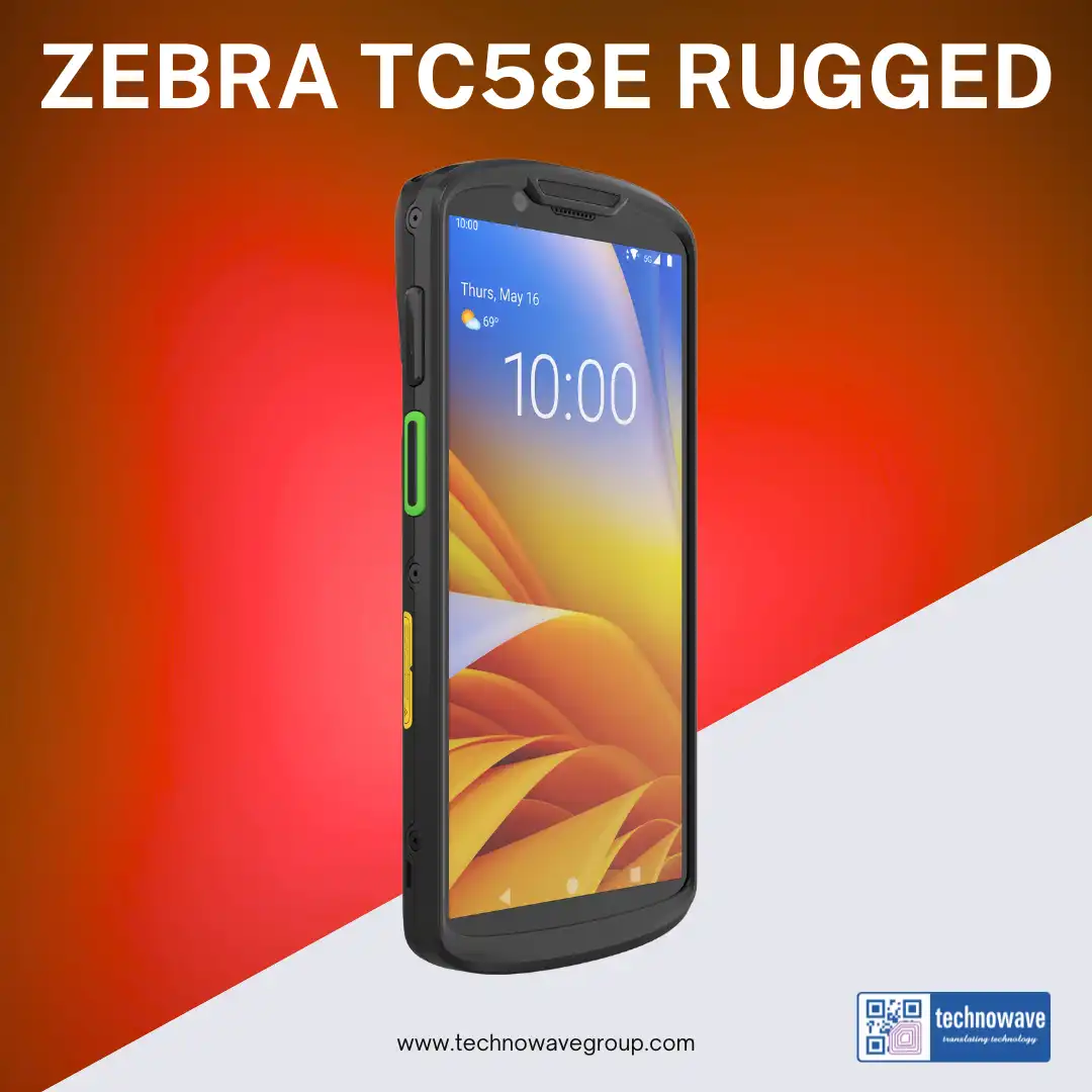 Zebra TC58e rugged mobile computer with 6-inch touch display, 5G, Wi‑Fi 6E, 16 MP camera, and enterprise barcode scanning.