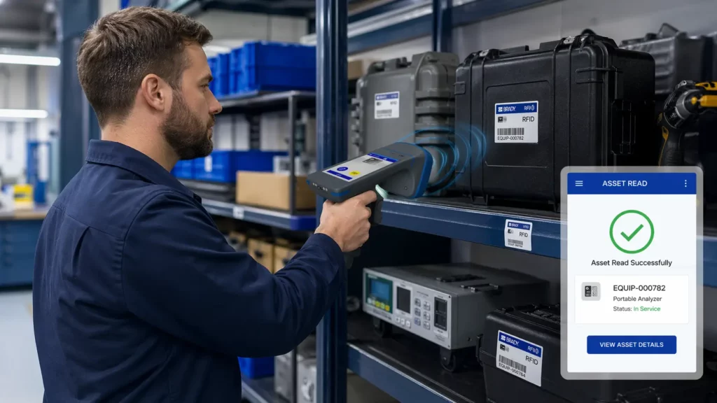 Technician scanning an asset tag with a RFID device, demonstrating a modern Asset Management Solution.