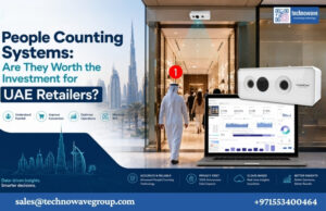 People counting system in a UAE retail store showing shoppers entering, an overhead sensor, and a dashboard with footfall, conversion rate, peak hours, and ROI insights