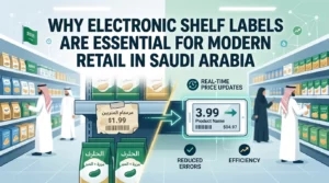 blog image showing and animation representation of the 2 way Shelf labels one with normal paper labels and other with the mordern electronic shelf labels also with the question for the Saudi market owners Why Electronic Shelf Labels are Essential for Modern Retail in Saudi Arabia?