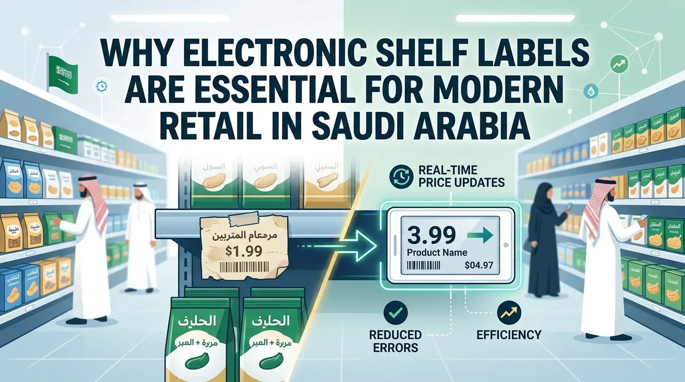 blog image showing and animation representation of the 2 way Shelf labels one with normal paper labels and other with the mordern electronic shelf labels also with the question for the Saudi market owners Why Electronic Shelf Labels are Essential for Modern Retail in Saudi Arabia?