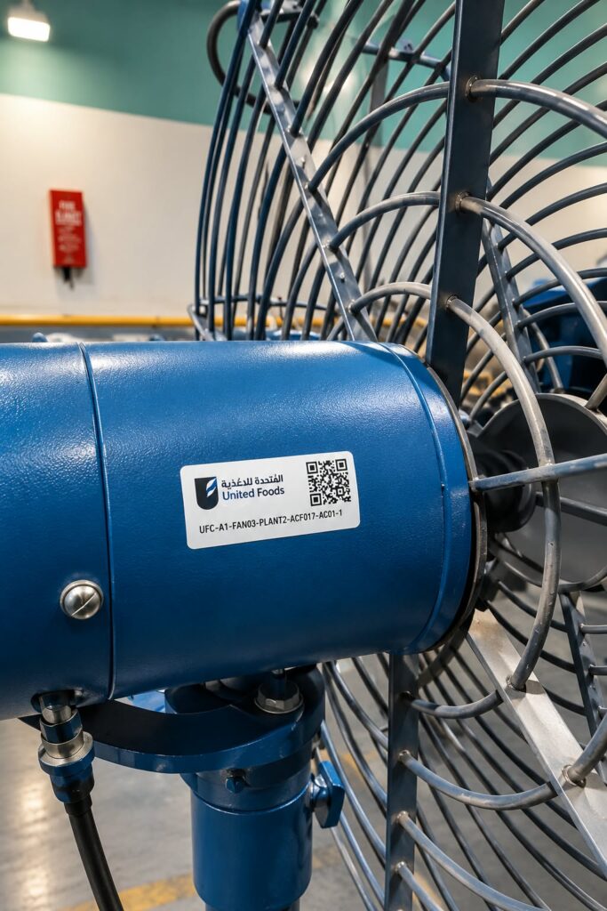 Barcode asset tag fixed to industrial equipment during a Technowave asset tagging project